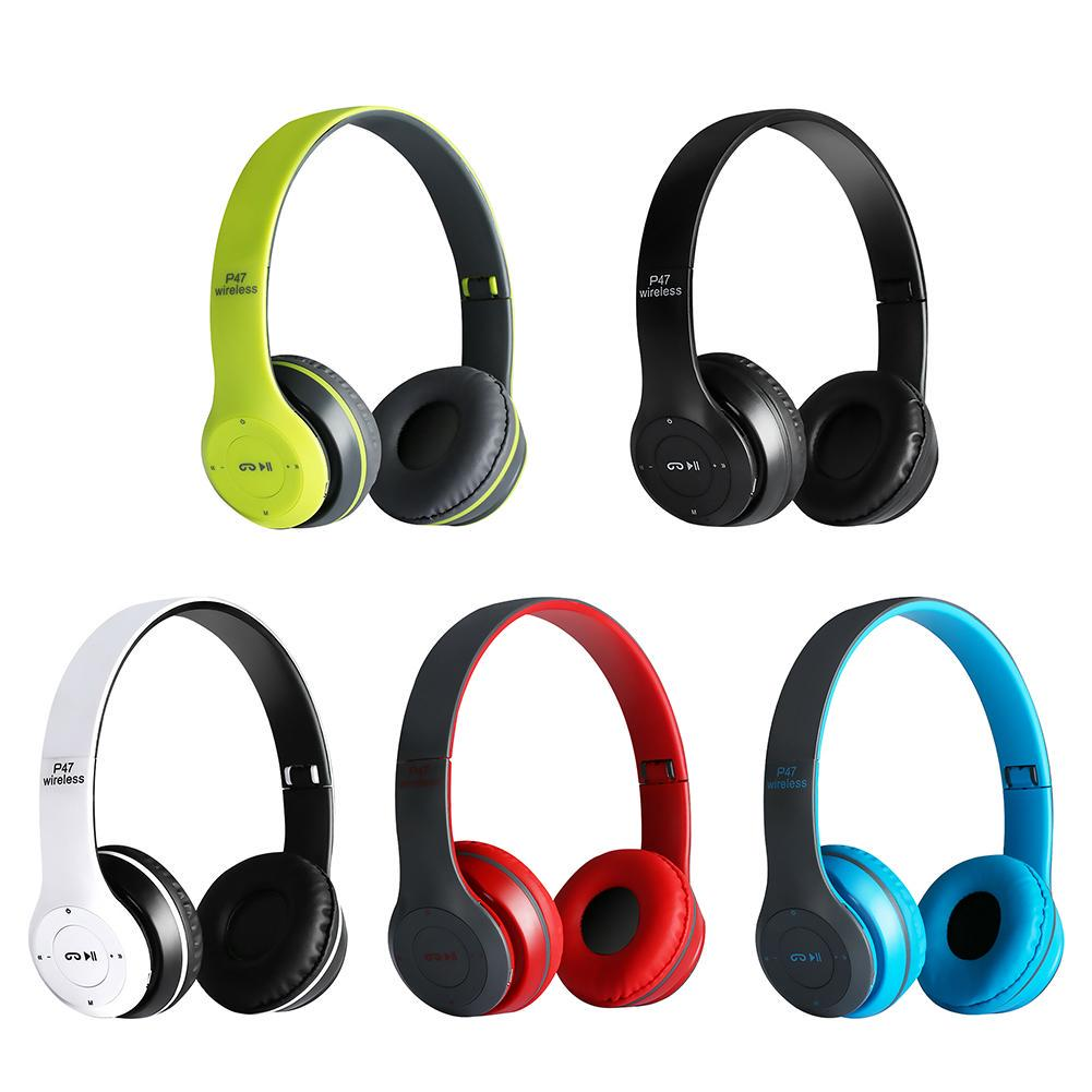 P47 Foldable Wireless Bluetooth Headphones with Built-in Microphone, Long Battery Life, Sweatproof, FM Radio & TF Card Support for PC, Smartphones, Tablets