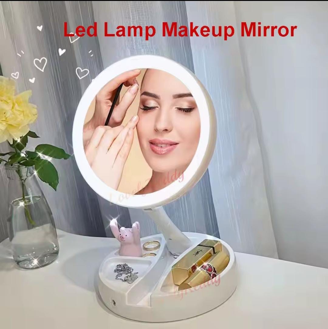 LED Makeup Mirror with Storage Organizer – Foldable Portable Vanity Mirror for Cosmetics & Skincare
