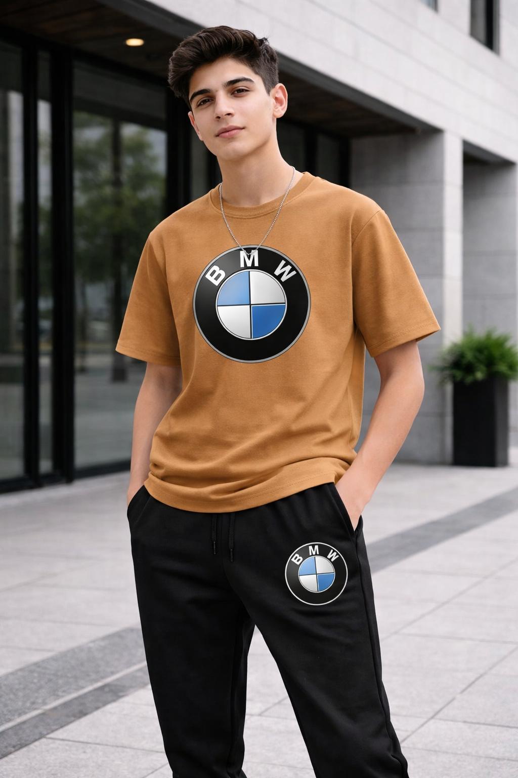 🚗 BMW 2PCS Summer Tracksuit for Boys & Teens | Camel Brown T-Shirt + Black Trouser | Premium Casual Wear