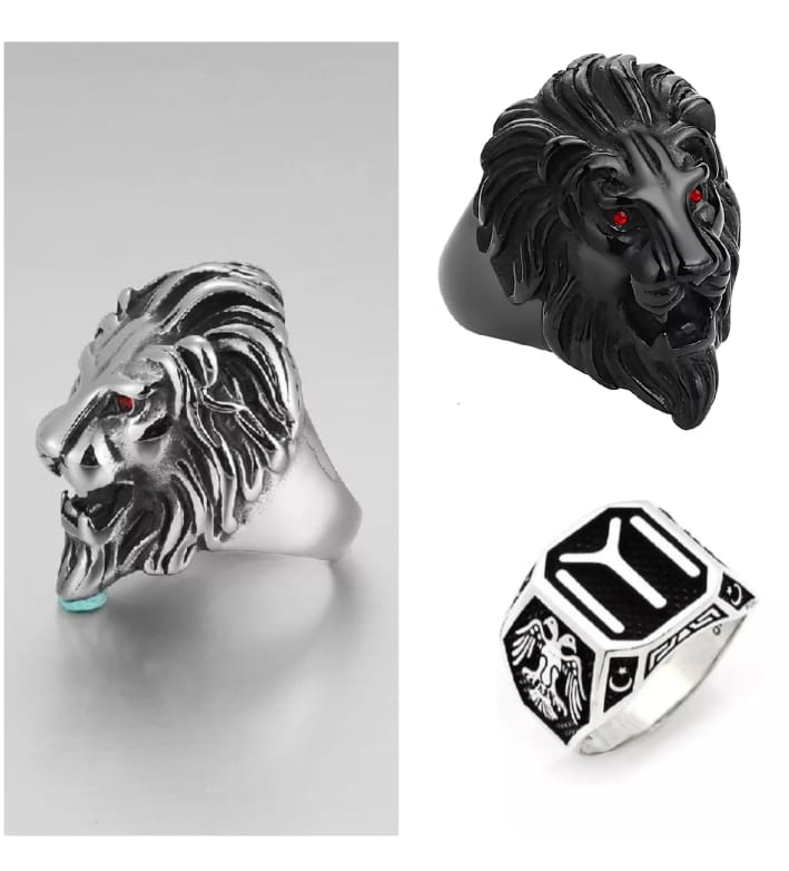 Update Fashion Pack Of 3 Ertugrul Kayi Iyi Ring & Animal Lion Head Ring For Men Boys Stainless Steel Finger Rings High-quality