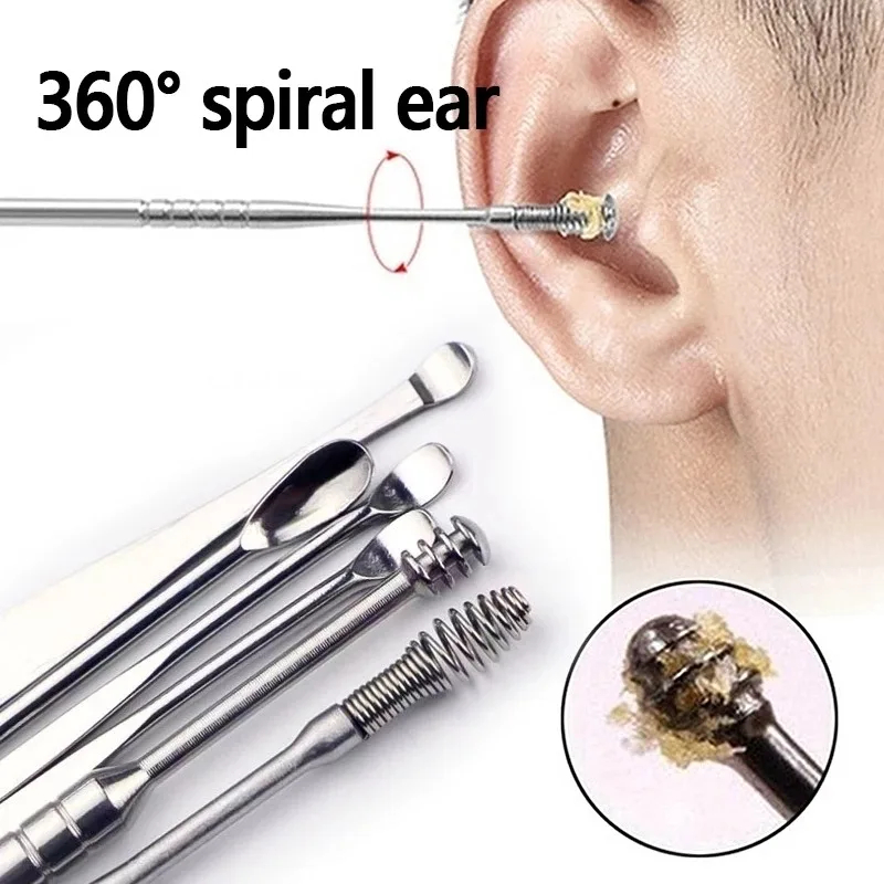 Professional 6 Pcs Stainless Steel Ear Wax Removal Kit, Reusable Ear Pick Tools, Spiral & Spring Earwax Extractor for Adults & Children, Portable Ear Hygiene Tool Set with Storage Bag, Non-Slip & Safe Design