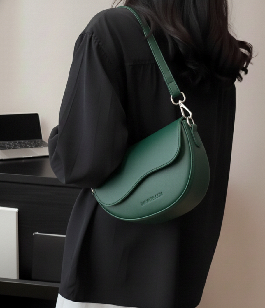 Minimalist Faux Leather Crescent Shoulder Bag - Retro Flap  Handbag with Adjustable Strap