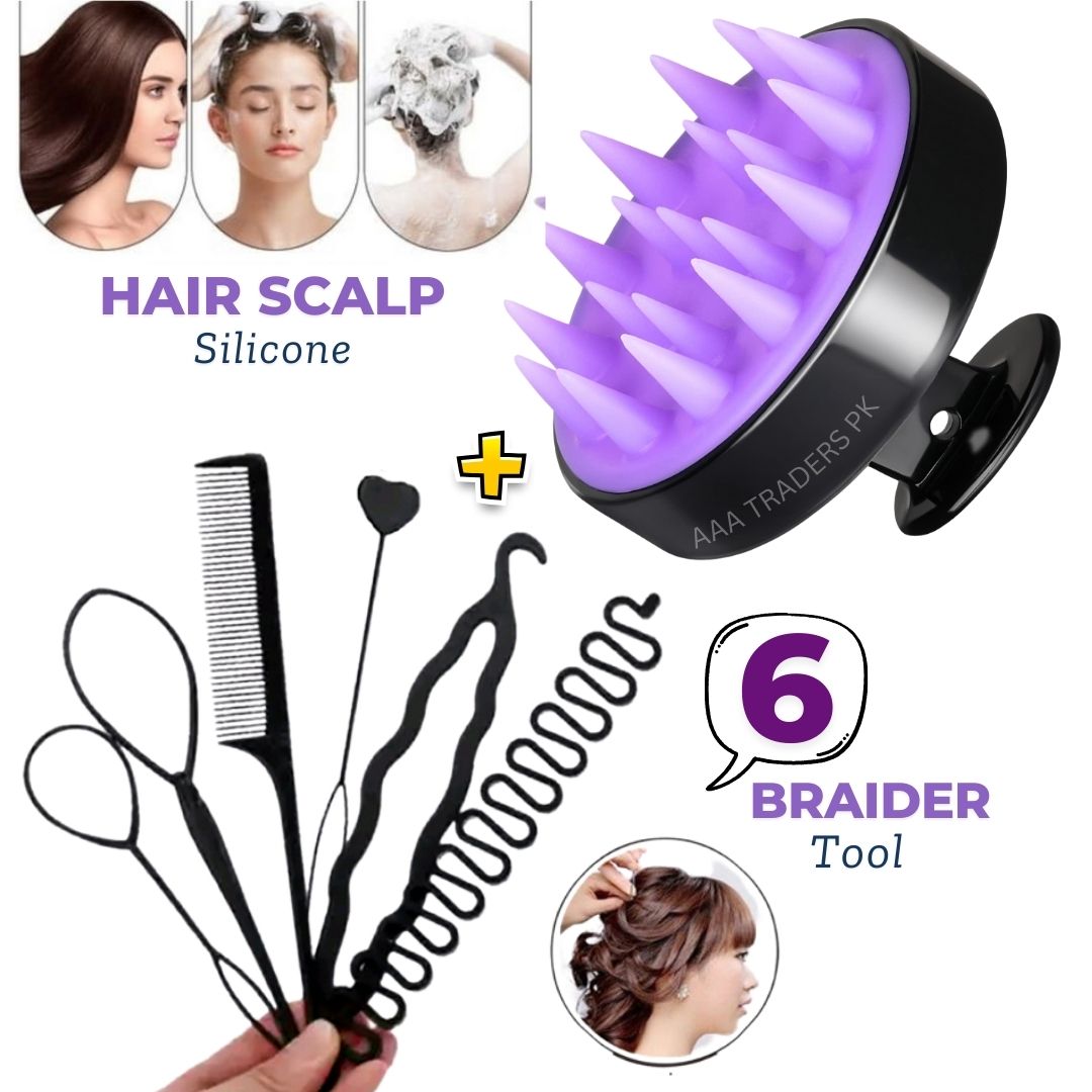 Silicone Shampoo Brush &  6pcs Set Braids Tools # Clean The Scalp Thoroughly Scalp Massage Easy Foam Head Massage Brush Shampoo Brush Bath Comb Care Tool # Zig Zag Pony Tail Makers Professional Braids Tools Hair Styling Kits For Women Hair Accessories Set