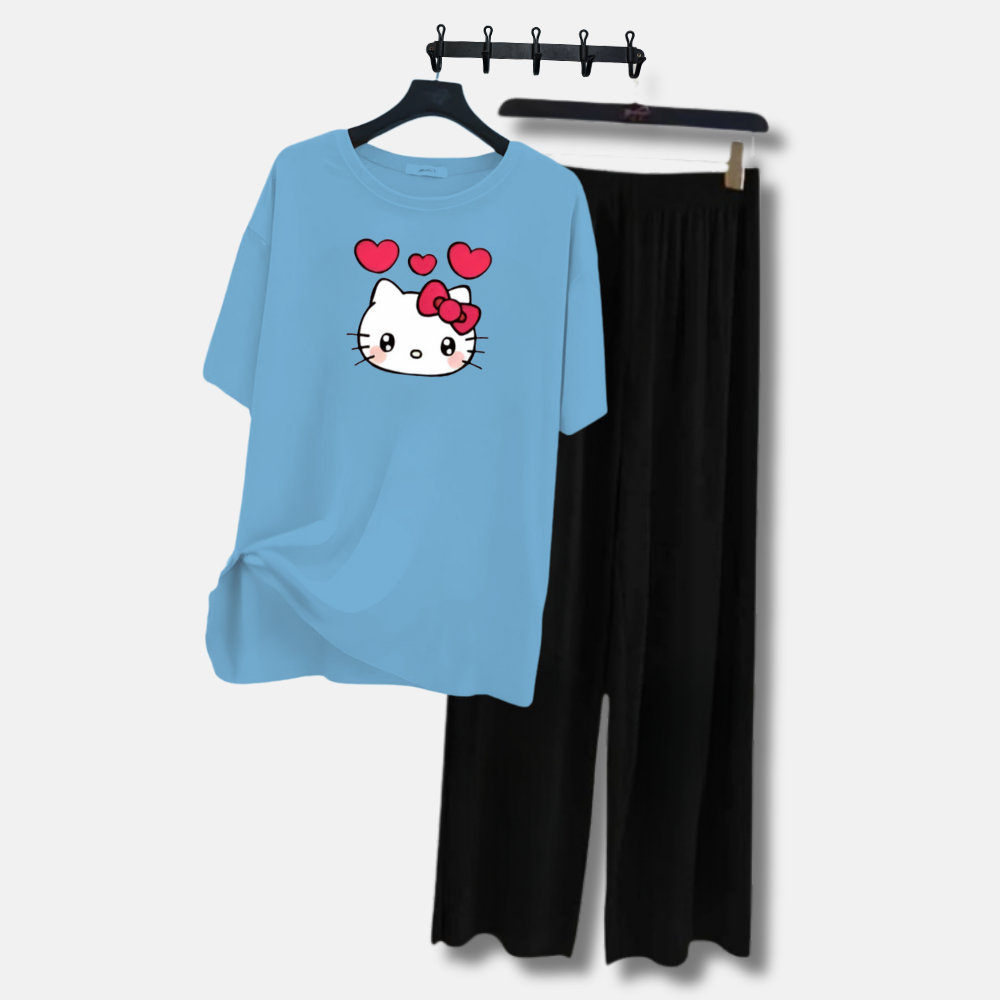 MK Garments - Kitty Printed Soft Comfortable Fabric Casual Suits for Girls and Womens Half Sleeves T Shirt With Plaazo For  Girls