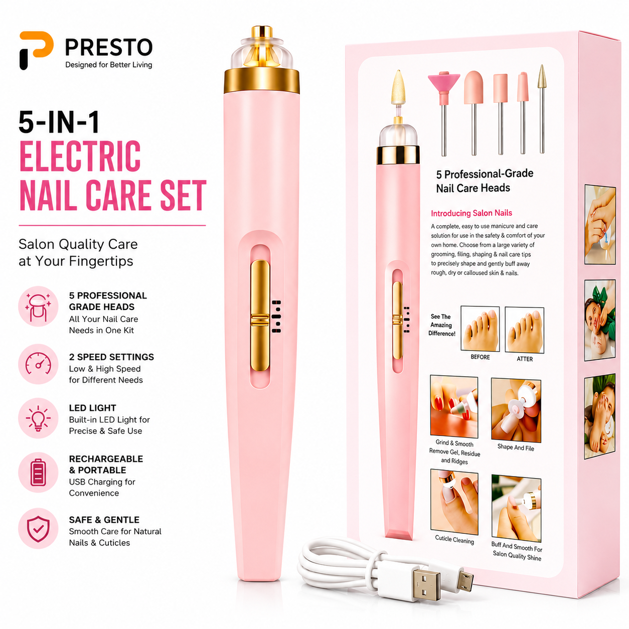 PRESTO Premium Nail Drill Machine – Professional Rechargeable Manicure Pedicure Set with Ceramic Nail Bits, Electric Nail File & Portable Nail Polishing Kit