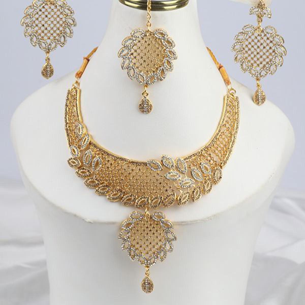 Zeverat Antique Golden Bridal Jewelry Set with Earring And Matha Patti for Women ZV1538