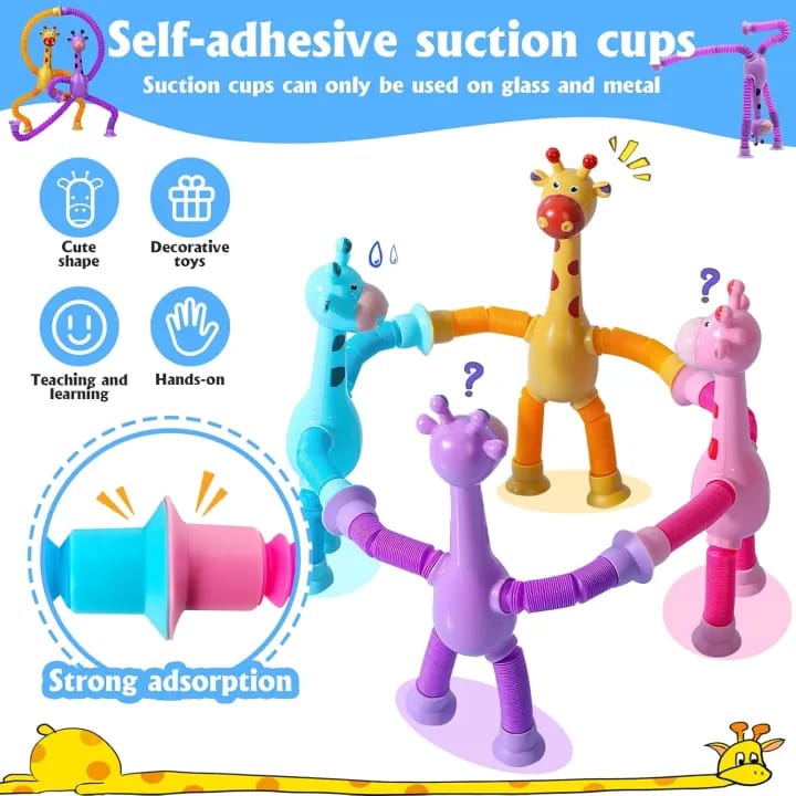 (Pack of 1-2 & 4) Telescopic Giraffe Suction Cup Toy – Cute Stretchable Giraffe Pop Tubes in Four Different Colors | Stress Relief Sensory Toy for Kids | Deformable Suction Cup Fidget Toy | Funny Suction Robot Giraffe for Toddlers