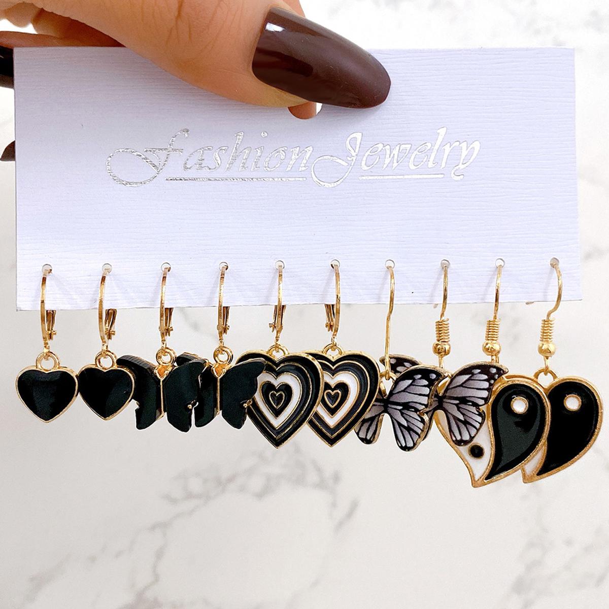 Elegant Butterfly & Heart Drop Earrings Set in Alloy with Dripping Oil Finish - Fashion Jewelry 5 Sets