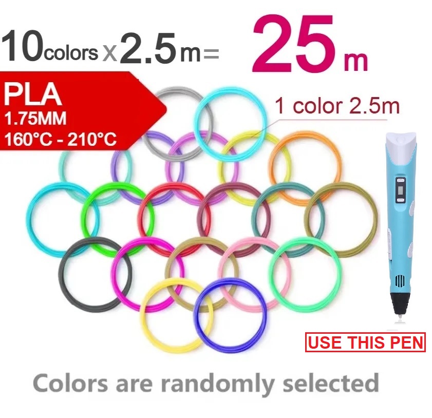 3D Pen Filament Refills 1.75mm PLA – Multicolor Non-Toxic Eco-Friendly 3D Printing Pen Wire for Kids & Artists – Smooth Drawing 3D Pen Refill Kit – Pack of 3, 5, 10, 20 (2.5m Each)