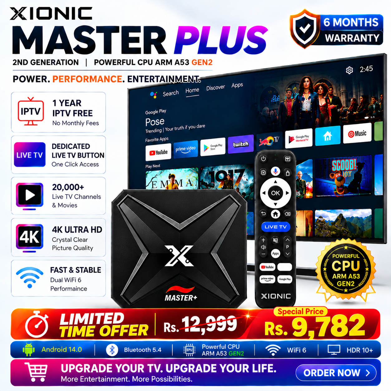 100% Original XIONIC Master Plus GEN II Android tv box  2GB Ram 16GB Rom | 6 Months Warranty | For All LCD LED TV | Powerful CPU ARM Cortex A53 | "Android 14 Built-in Chromecast 4K Ultra HD Bluetooth HDR10" x96q pro cbox c1000