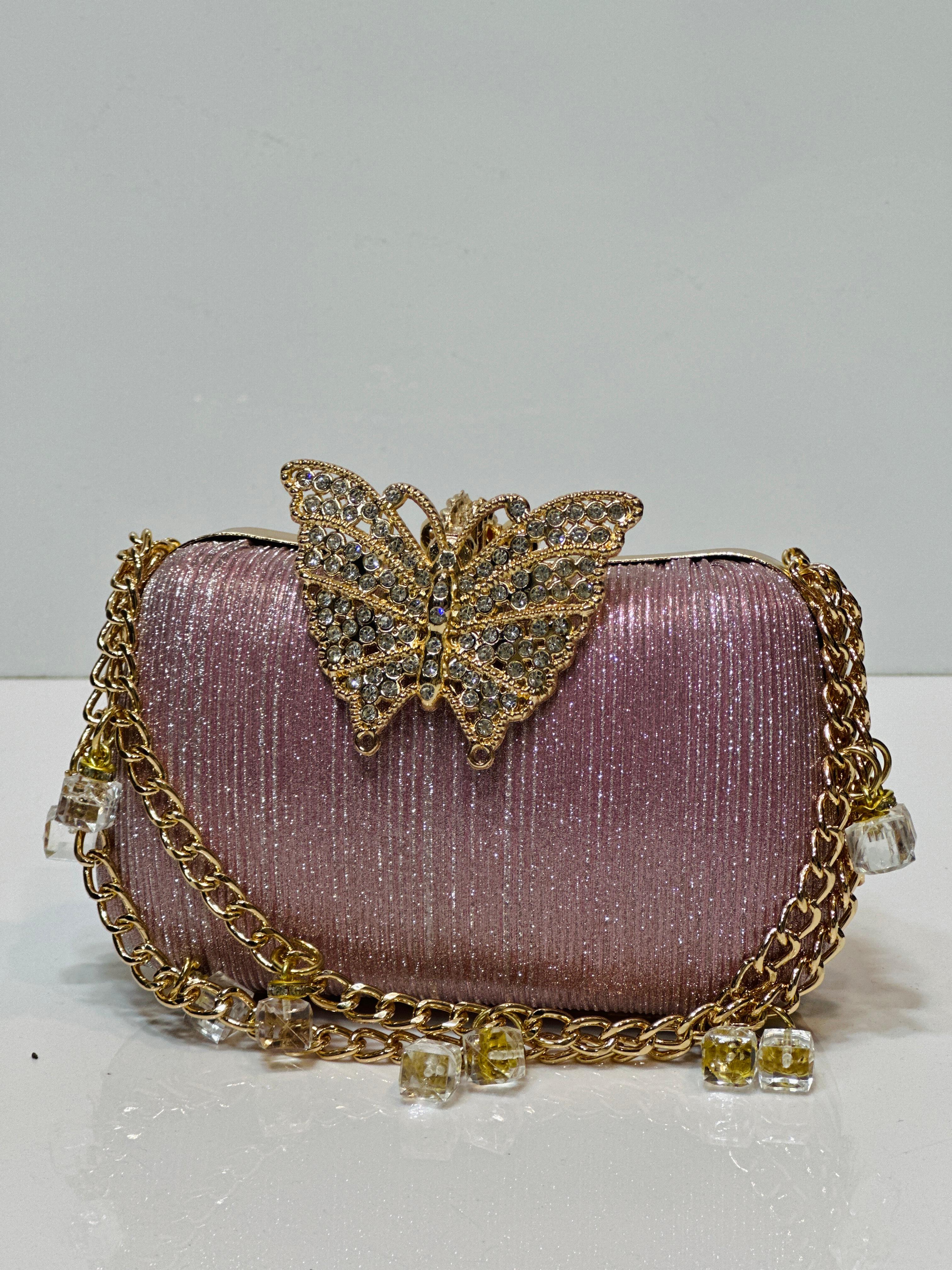 Luxury Shimmer Party Clutch Bag for Women & Girls – Crystal Butterfly Evening Box Purse with Gold Chain Strap – Elegant Wedding Handbag