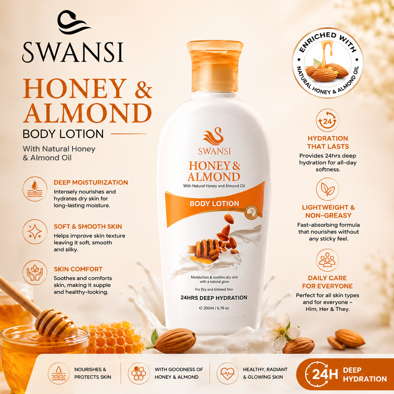 Swansi Honey & Almond Body Lotion 200ml | Hydration That Lasts | Deep Moisturization & Soft, Healthy-Looking Skin