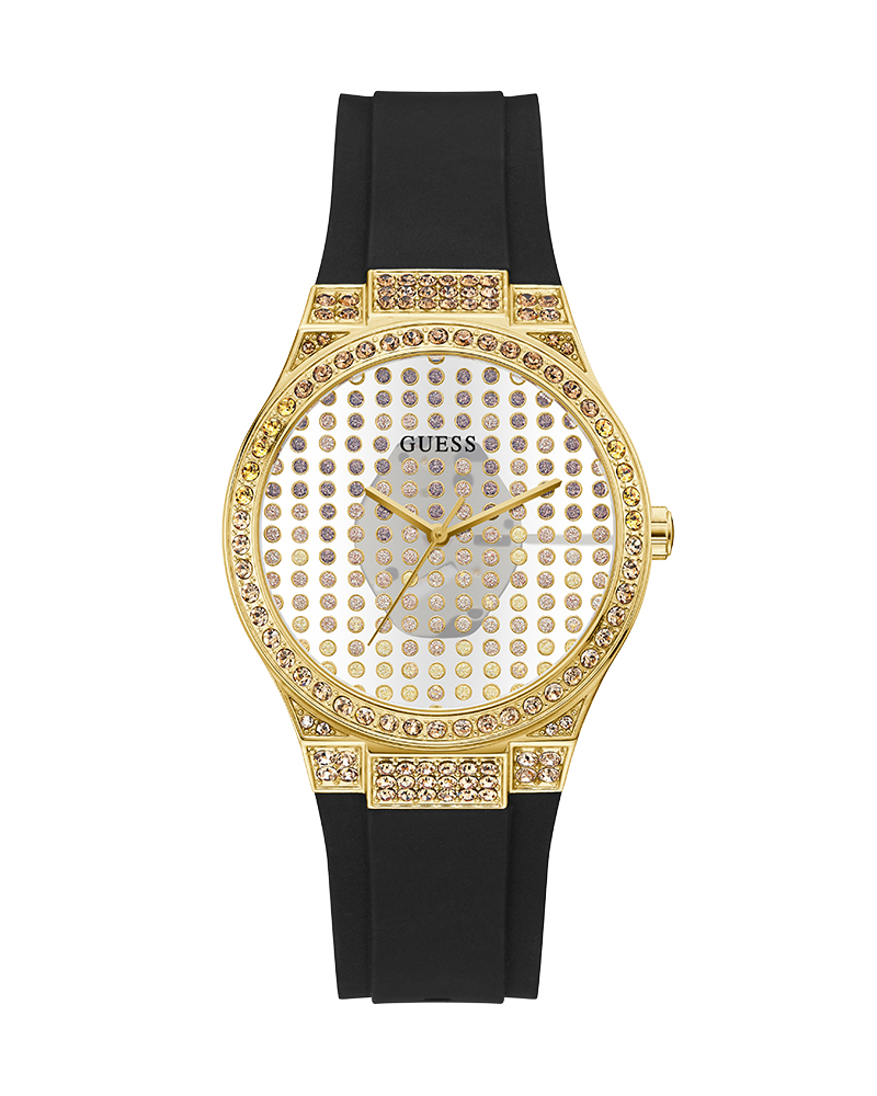 Guess Womens Gold With Crystals Stainless Steel Case White Dial Black