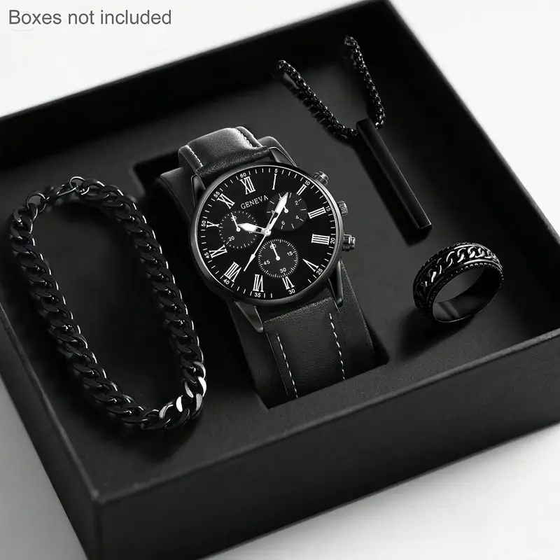 4 Pcs Men Women Fashion Watch Set Quartz Round Dial Roman Numeral Watch Necklace Bracelet Ring Gift Set