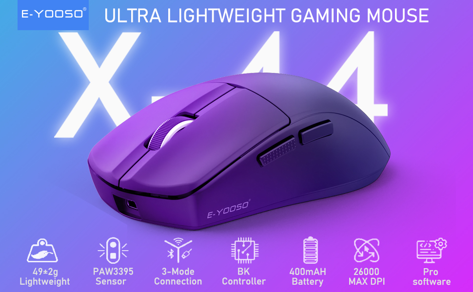 E-YOOSO X-44 1K Lightweight Wireless Gaming Mouse 26K DPI Tri-Mode Connectivity 5 Programmable Buttons Wired/2.4GHz/Bluetooth 14 0ba94be833f837a4864d9e2a61b06466