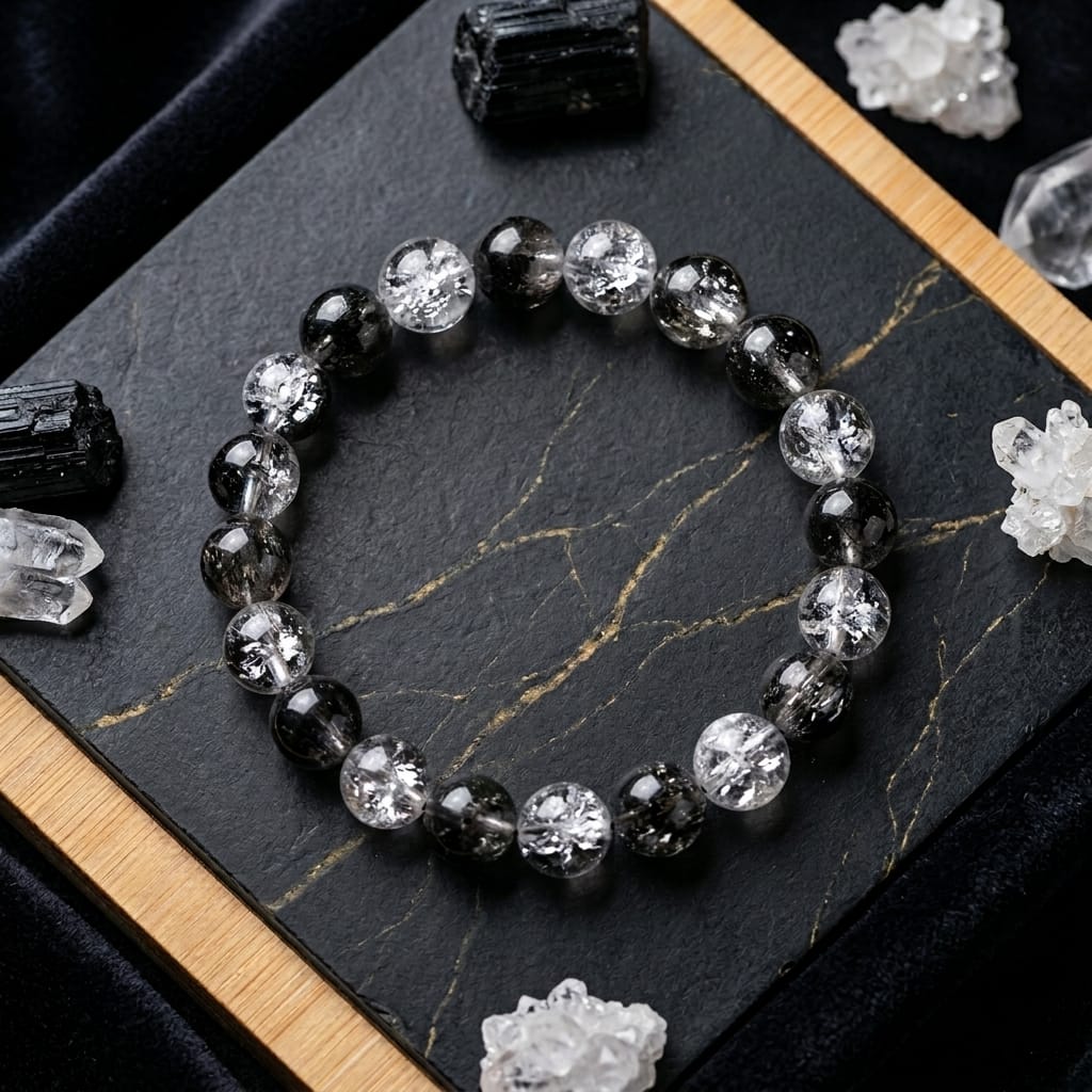 Premium Black White Crackle Glass Beads Bracelet for Men & Women | Stretch Elastic Crystal Style Beaded Bracelet | | Trendy Fashion Jewelry Gift