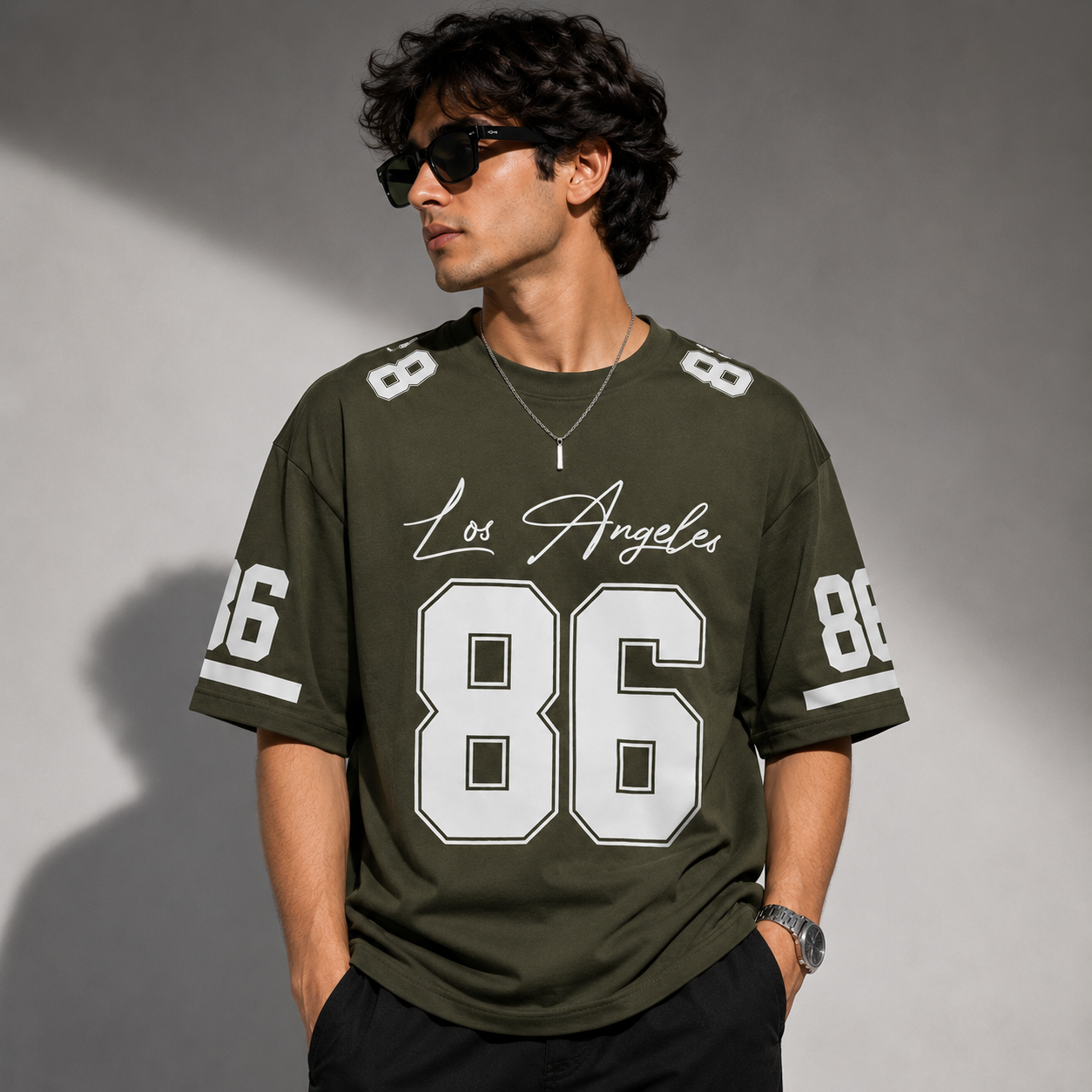 Men’s Olive Green Los Angeles 86 Printed Half Sleeve Oversized T-Shirt