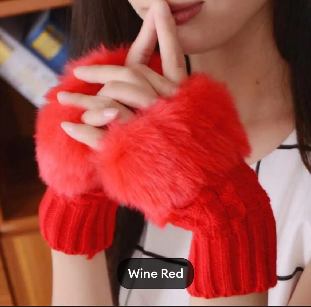 Fashion Women Faux Rabbit Fur Knitted Fingerless Gloves | Hand Wrist Warmer Half Finger Mittens for Winter"