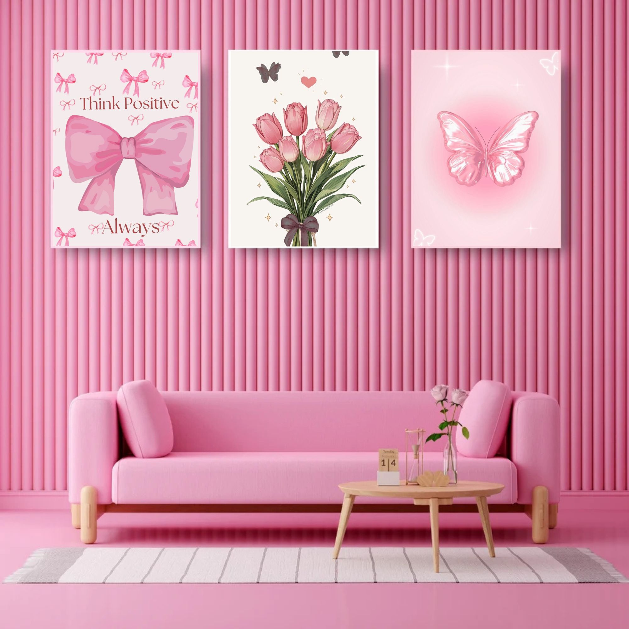 Set of 3 Pink Aesthetic Wall Art Frames - Modern Heart, Butterfly & Bow Canvas Prints for Living Room Decor, Bedroom & Nursery Wall Decoration / 01