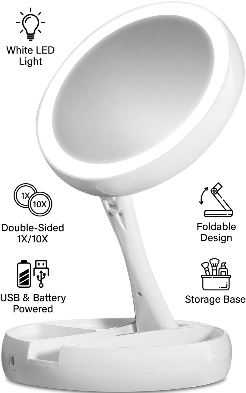 Double Sided Folding LED Makeup Mirror with Light | USB Power & Battery Lighted Vanity Mirror | Foldable Portable Tabletop Cosmetic Mirror with Stand & Storage Tray (1X/10X)