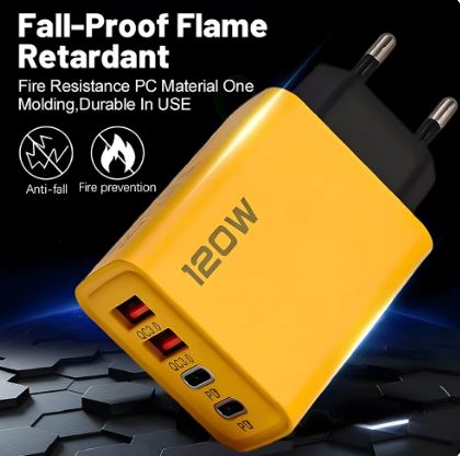 120W  Portable USB-C PD 4-Port Adapter Quick Charge Wall Charger