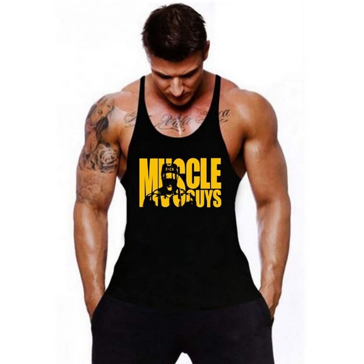 Men Gym Training Workout white  logo/ Yellow Sando