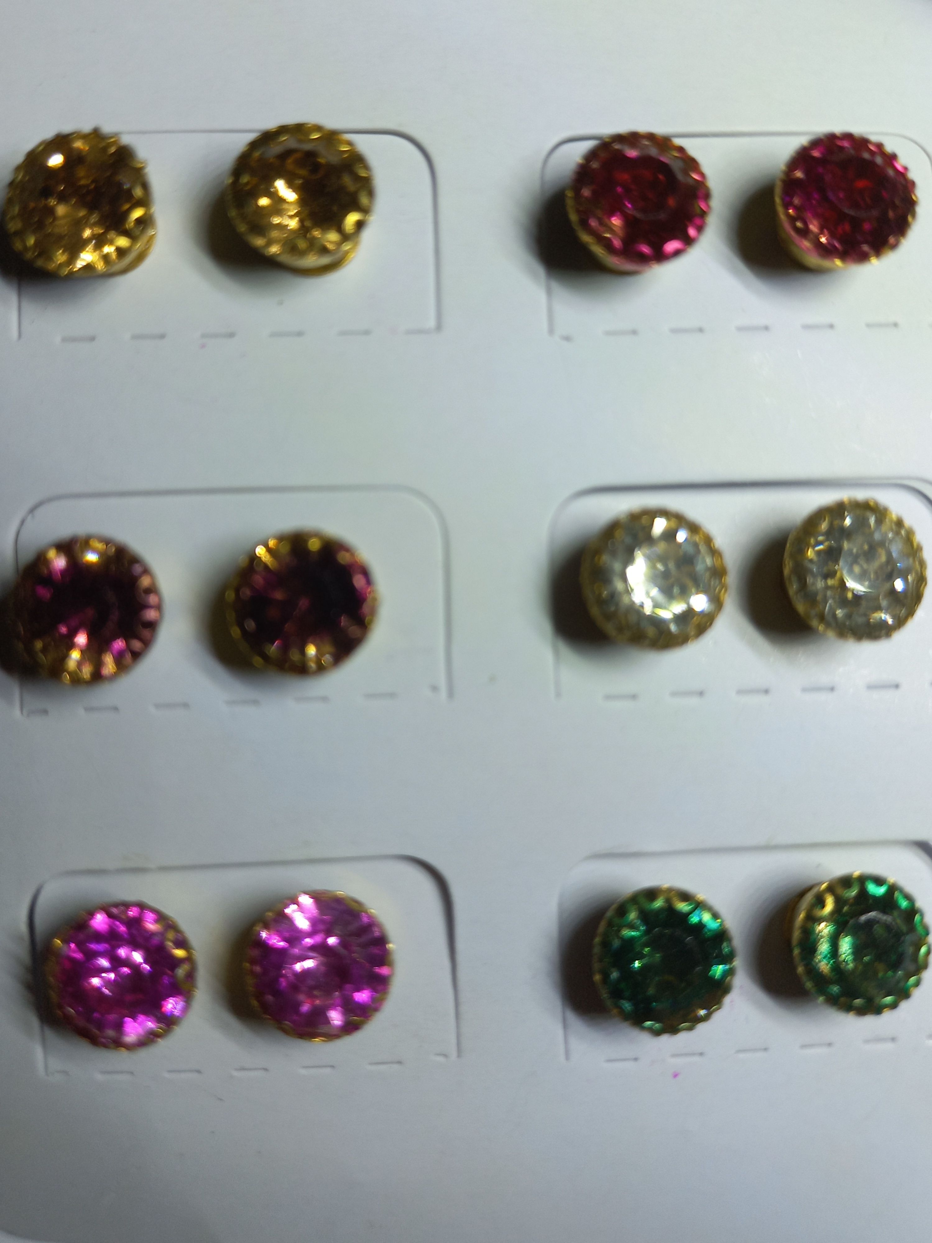 6 Pair (12 pcs) Earring Tops, Facing on Fixed Artificial Coloured Shine Diamond, Round Shape. Multicoloured for women