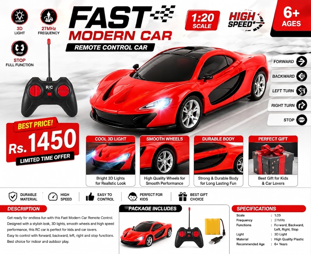 1:20 High Speed RC Car, Remote Control Sports Car for Kids, 3D LED Lights, Full Function Racing Toy Car, Forward Backward Left Right, Best Birthday Gift Toy for Boys and Girls Age 6+