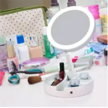 Double Sided Folding LED Makeup Mirror with Light | USB Power & Battery Lighted Vanity Mirror | Foldable Portable Tabletop Cosmetic Mirror with Stand & Storage Tray (1X/10X)