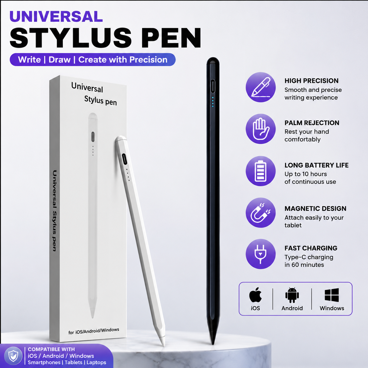 Premium USB Rechargeable Stylus Pen – High Precision Fine Tip Digital Touch Screen Pencil for Mobile Phones, Tablets, Drawing, Writing, Note Taking & Touch Devices