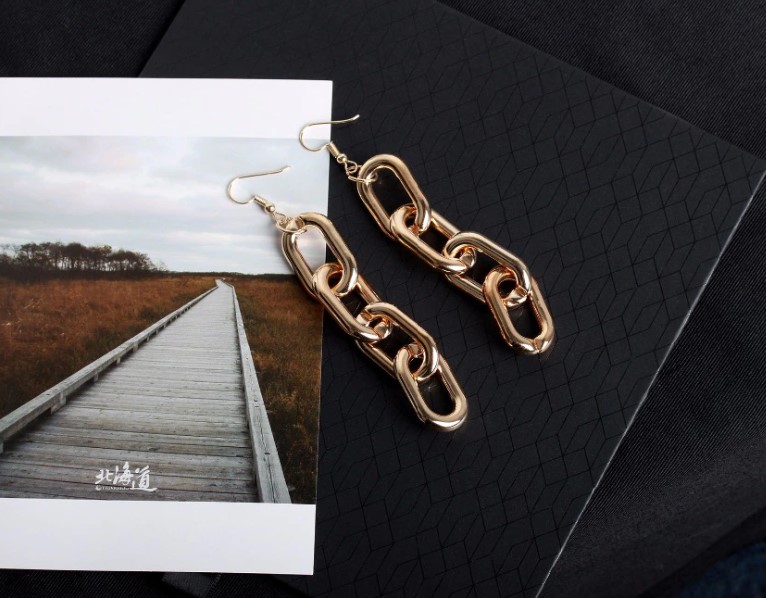 4 Loops Thick Chain Metallic Pendant Punk Golden Silver Plated Dangle Earrings Drop Earrings
