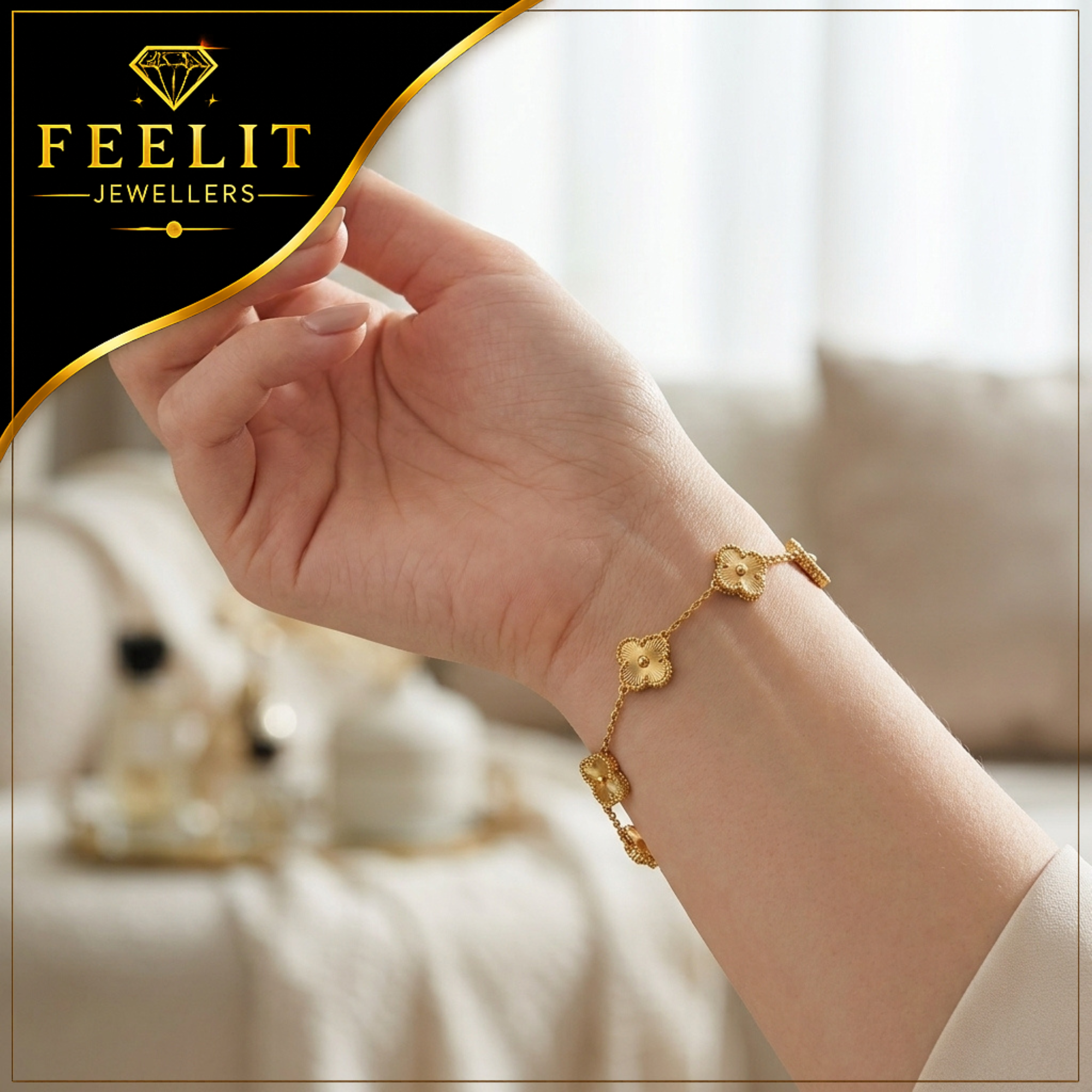 Luxury Four Leaf Clover Bracelet for Women – Gold Tone Adjustable Charm Bracelet | Elegant Fashion Jewelry Gift