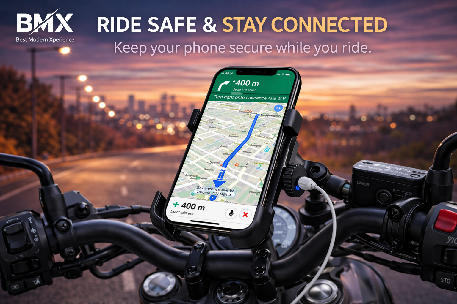 Metal Bike Mobile Holder with USB Charger | Heavy Duty Motorcycle Phone Holder | Universal Handle Bar Mount All Phones Mobile Holder Adjustable Mobile Holder Riding Mobile Holder  Long Ride Mobile Holder