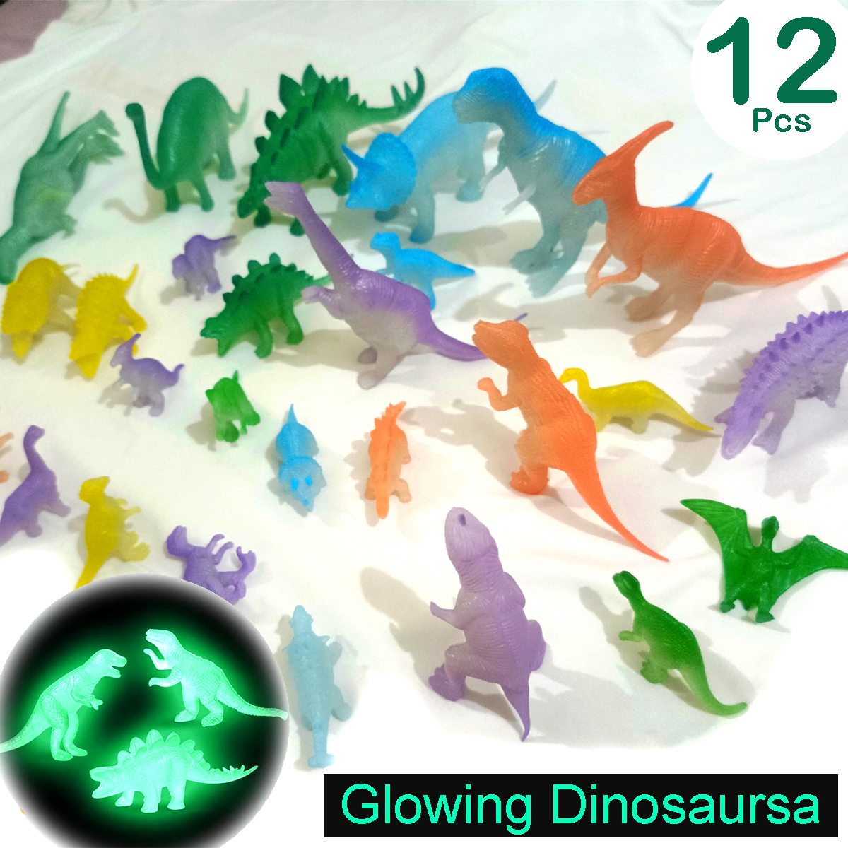 Large 12 Pcs - Glowing Dinosaurs Animal Action Figure Toy - Glow in Dark Wild Jungle Big Dinosaur World Animals Toys For Kids Boys Girls Baby Fun and Decoration Set - 15 Large , Medium and 16 Small Size