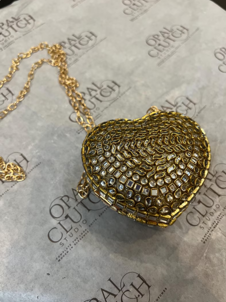Most Trendy Mini Heart Metallic Kundan clutch  With Long Chain For Women & Girls