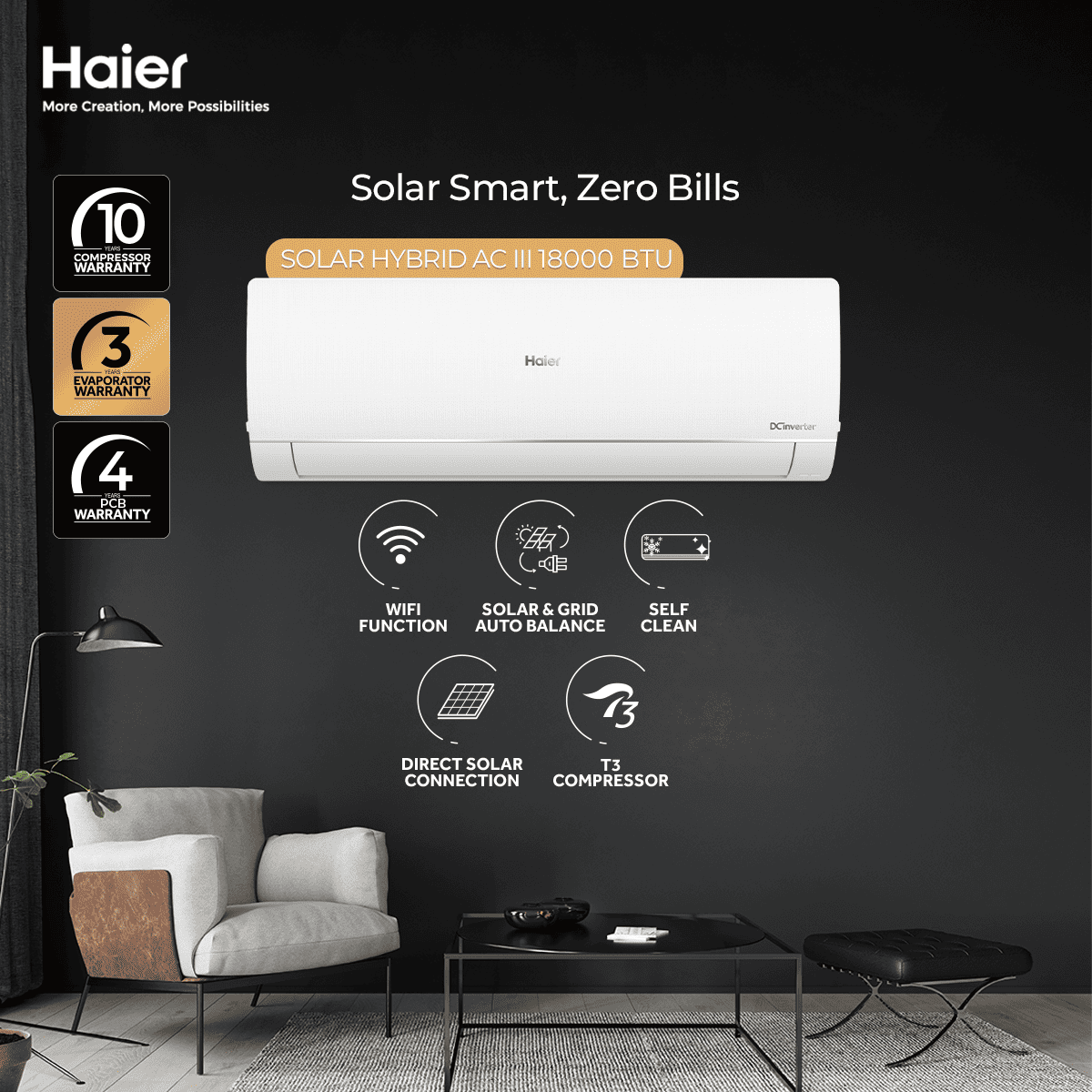 Haier Solar Hybrid AC III (Heat Cool) T3 Inverter Ton DC