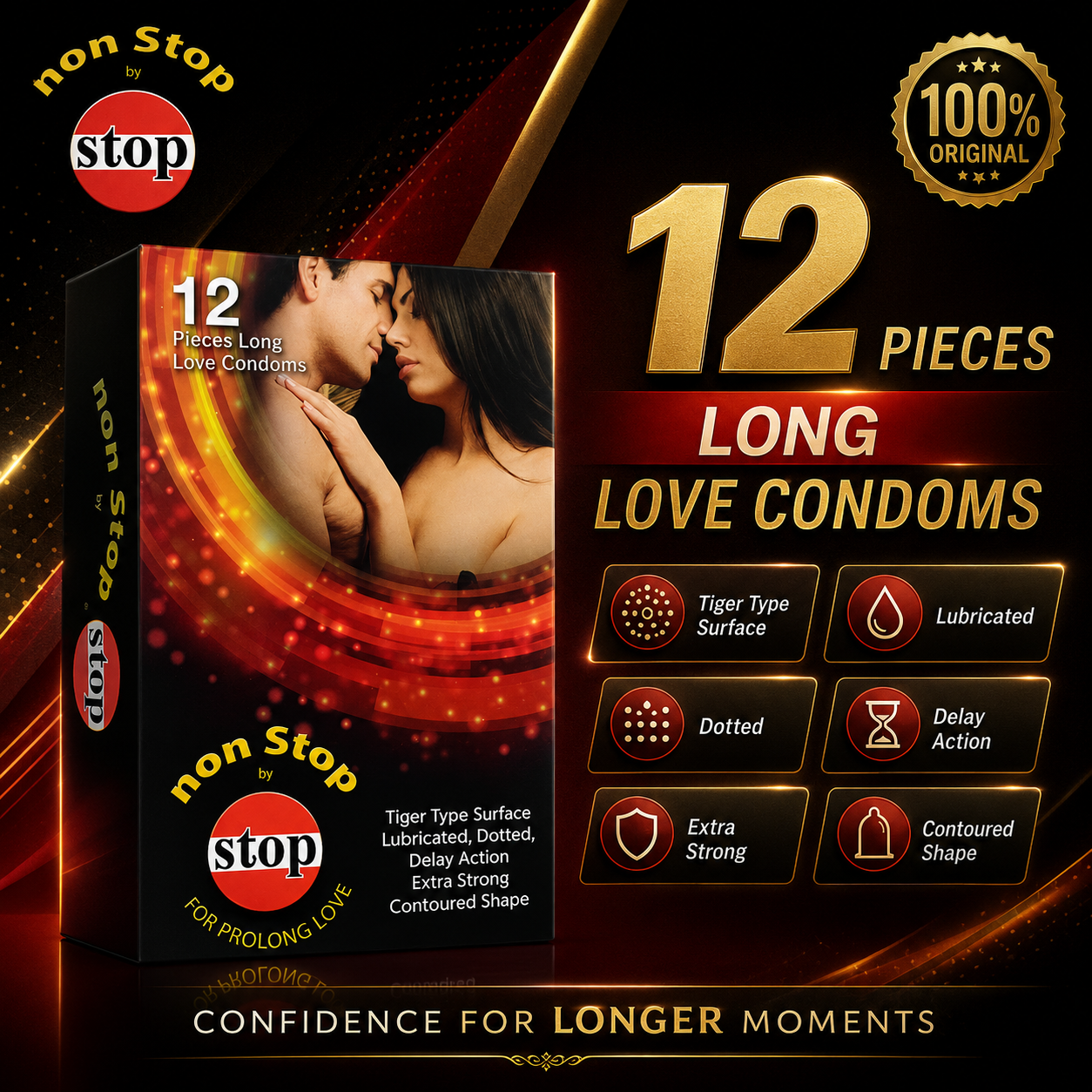 Non-Stop by Stop Premium Condoms – Pack of 12 | Lubricated, Dotted, Delay Action, Extra Strong & Contoured Shape