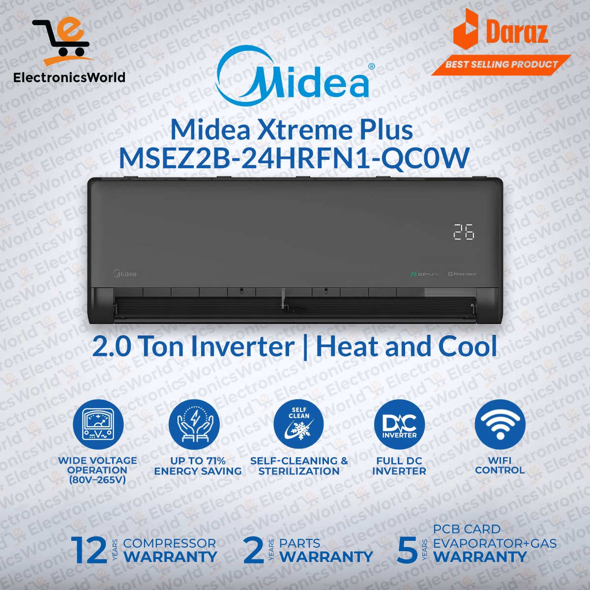 Midea 2.0 Ton Full DC Inverter AC | Model MSEZ2D-24HRFN1-QC0 Xtreme Plus Series | А++ Еnеrgу Сlаѕѕ | T3 Compressor | Heat & Cool | Up to 71% Energy Saving | WiFi Enabled | Self-Cleaning & Sterilizatio