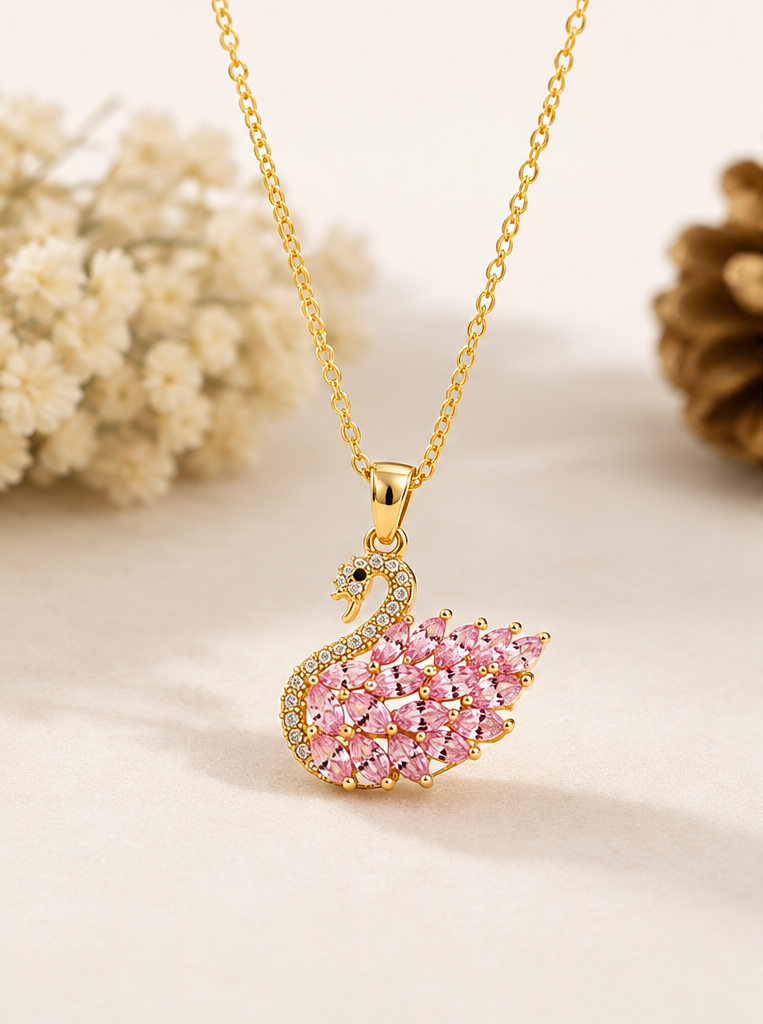Pink Swan Necklace for Women | Elegant Gold Chain Pendant | Korean Fashion Jewelry | Stylish Gift for Girls