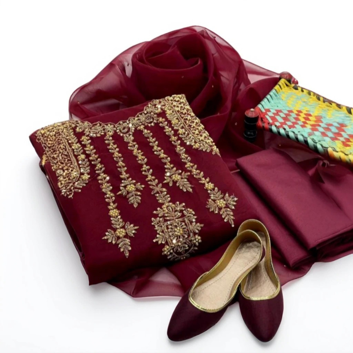 Wedding and Party Wear 3-Piece Dress for Women - Unstitched Organza Shirt, Kundan Dupatta, Kataan Trouser and Khussa Gift Ashrafi Ashrafi Customized