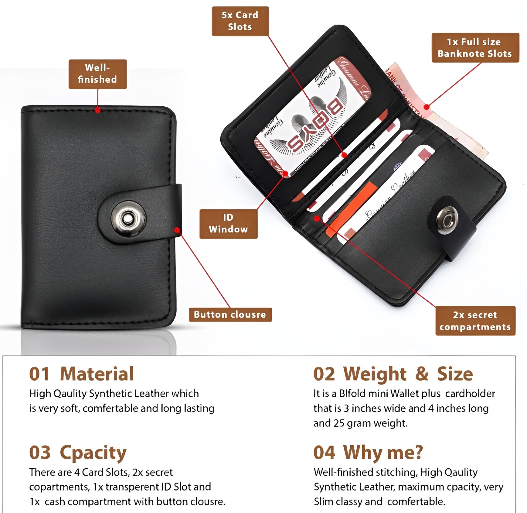 Genuine Leather Slim Bifold Wallet for Men - 5-Card Holder with Magnetic Closure