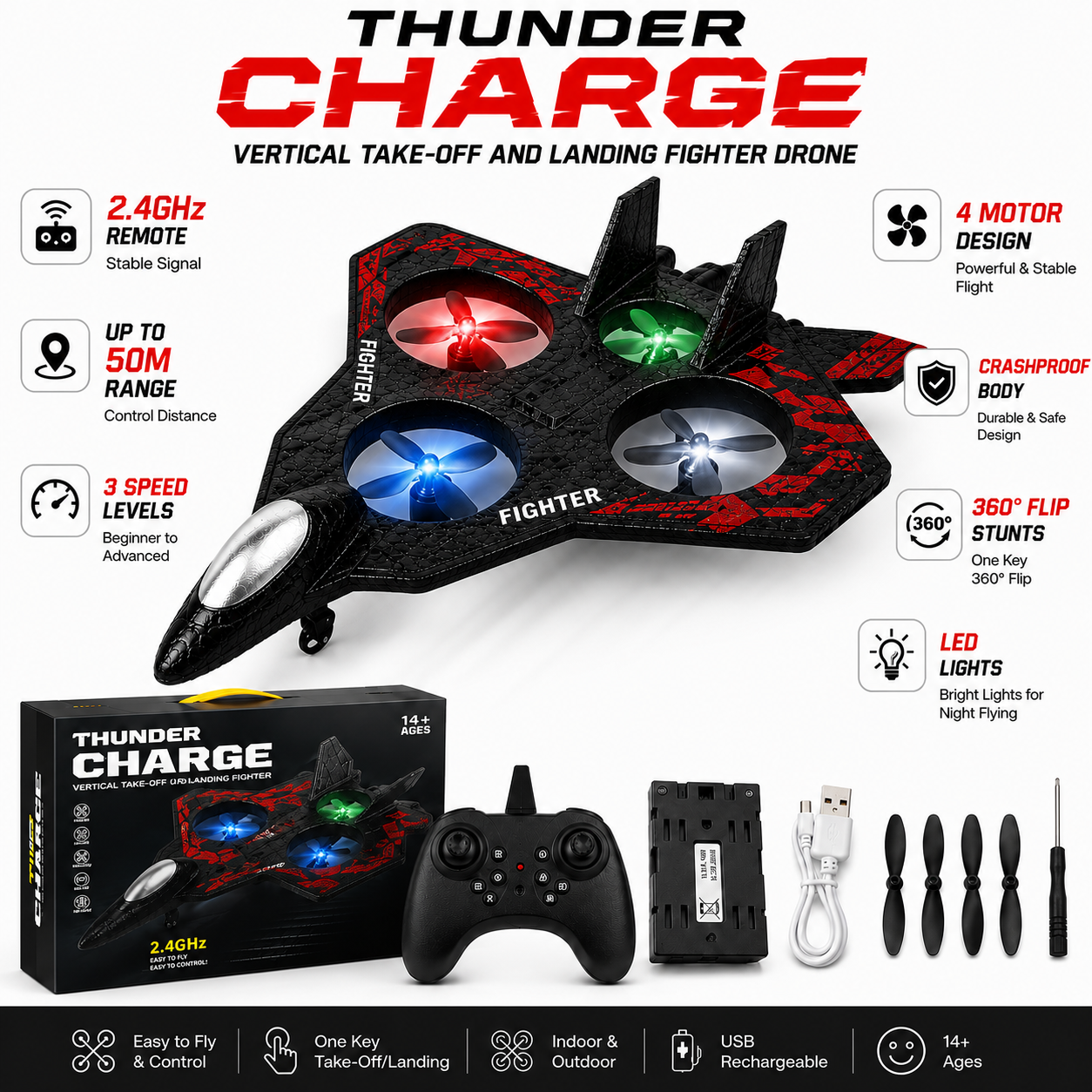 Remote Control Fighter plane RC Flying Jet 2.4GHz | Thunder Charge VTOL Fighter Aircraft | Vertical Take-Off & Landing | RC plane 360° Flips| LED Lights | Rechargeable | 50M Range | 4 Motors | 3 Speed Levels