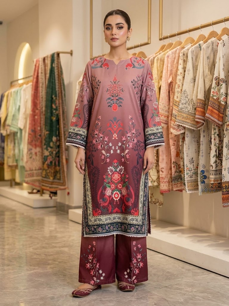 Women's 2 Piece Stitched Printed Co-Ord Set - Long Shirt & Wide Leg Trouser