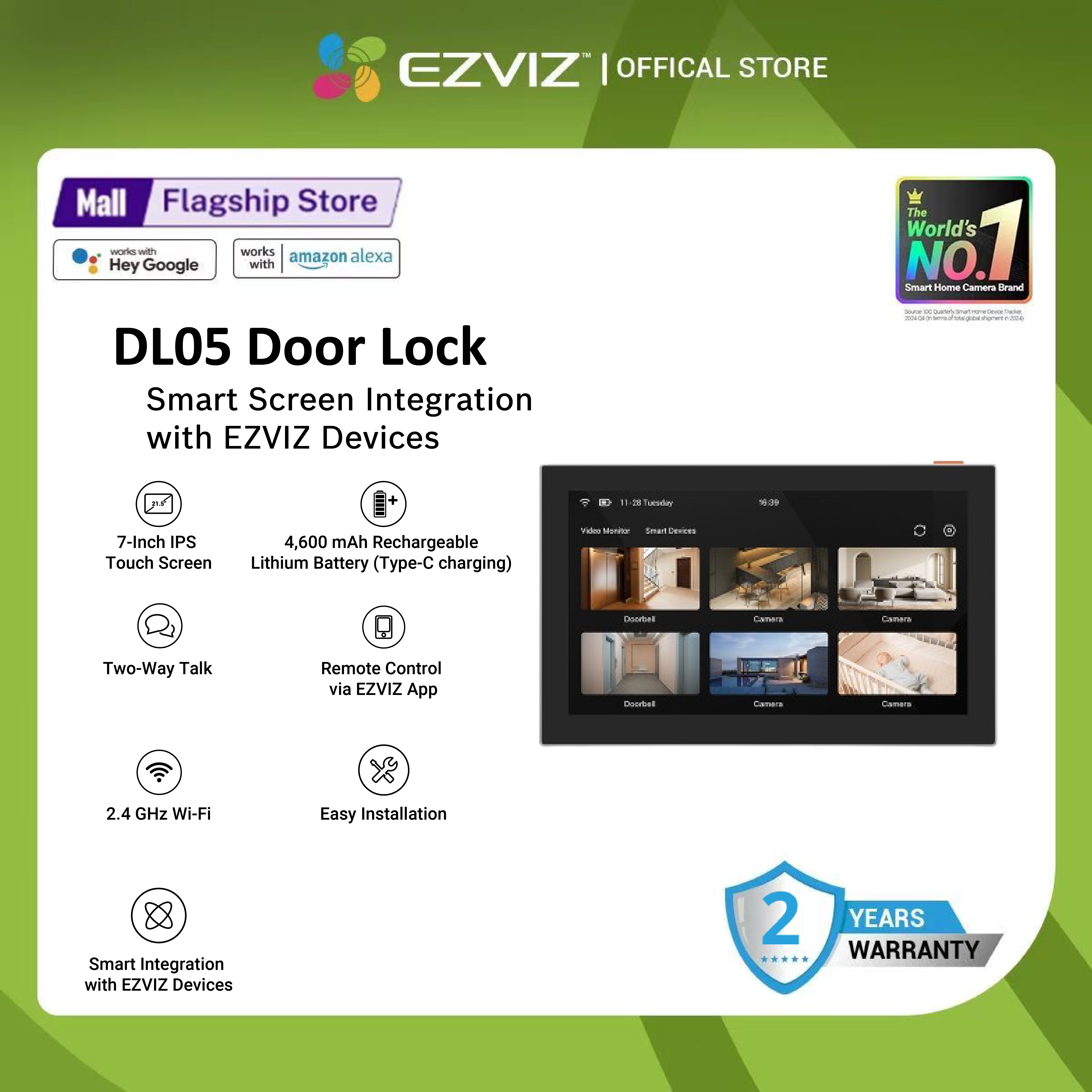 Ezviz by Hikvision SD7 Smart Wi-Fi 7-Inch IPS Touch Screen | Smart Integration with EZVIZ Devices | 4,600 mAh Rechargeable Lithium Battery (Type-C charging) | Live View & Playback | Remote Control via EZVIZ App | Two-Way Talk | Easy Installation