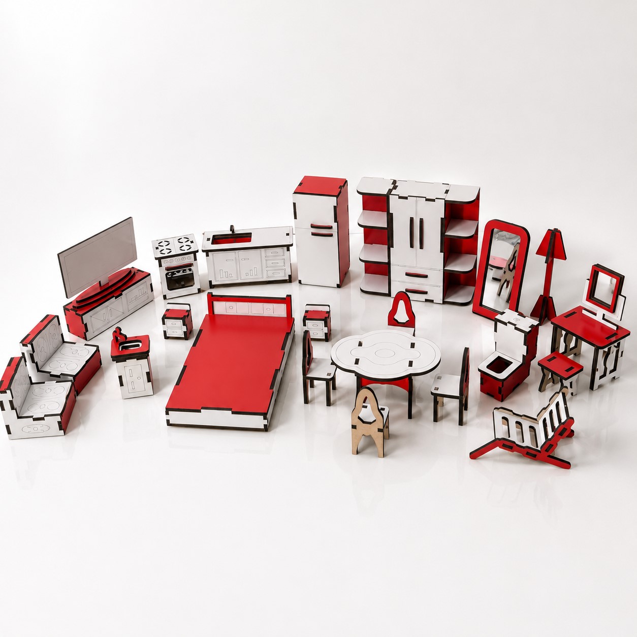 Kids' Playtime Doll house Furniture Set - 24-Piece Wooden Miniature Kitchen & Dining Room with Accessories, Unisex, 3-7 Years
