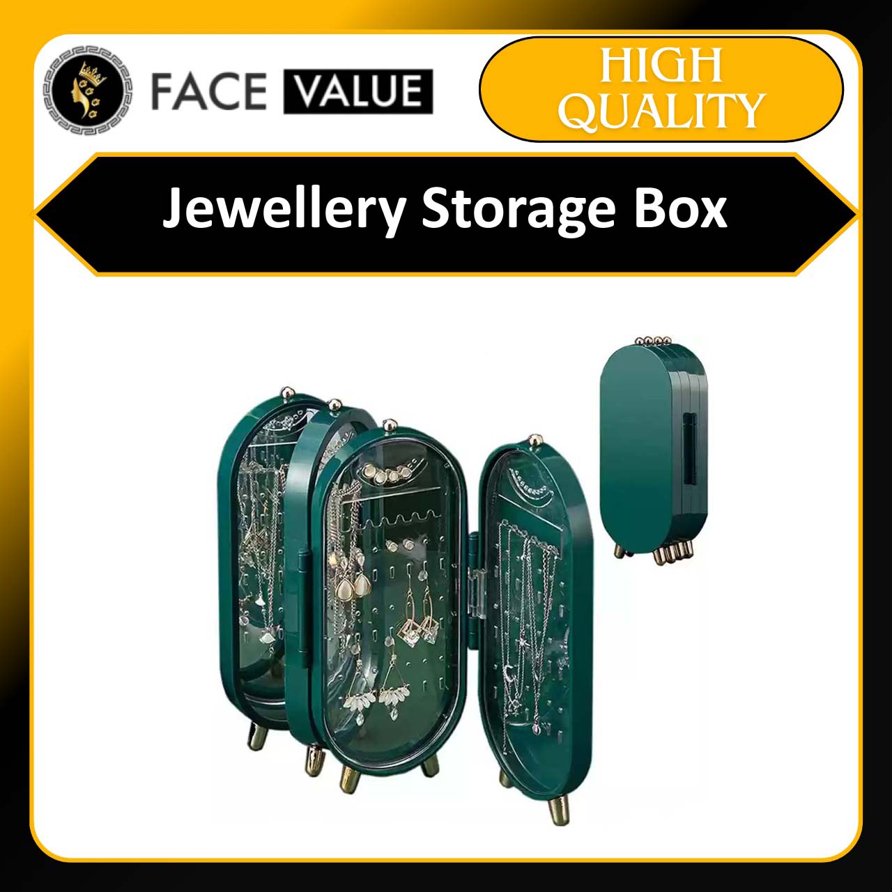 Face value Jewellery Storage Box Earring Display Stand Organizer Holder with Mirror, 4 Doors Foldable Screen for Women Hanging Necklace, Green