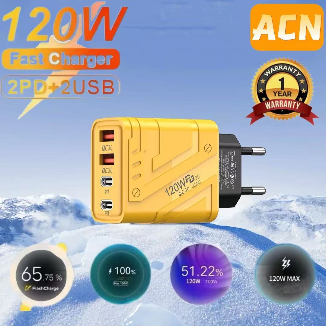 120W Charger 4 Port USB-C PD QC 3.0 Wall Charger  Adapter Universal Mobile Phone Charger