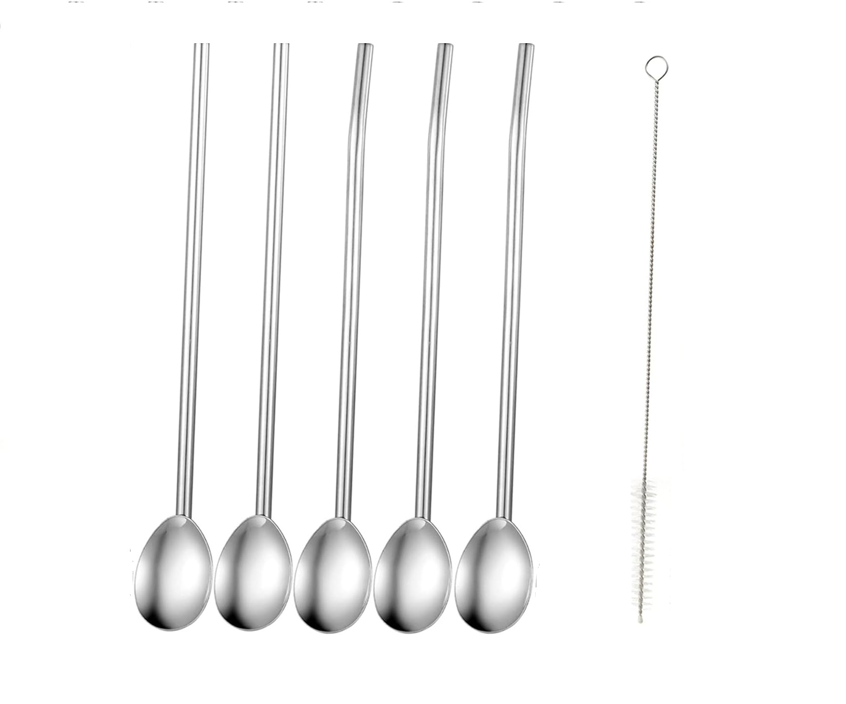 OrionMart 4-Pack Reusable Metal Drinking Straws With Spoon End | Extra Long Stainless Steel Straws For Glasses