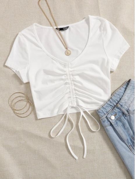 Women's Solid Drawstring Ruched Tee – Stylish and Trendy Cotton Blend (S-XL)