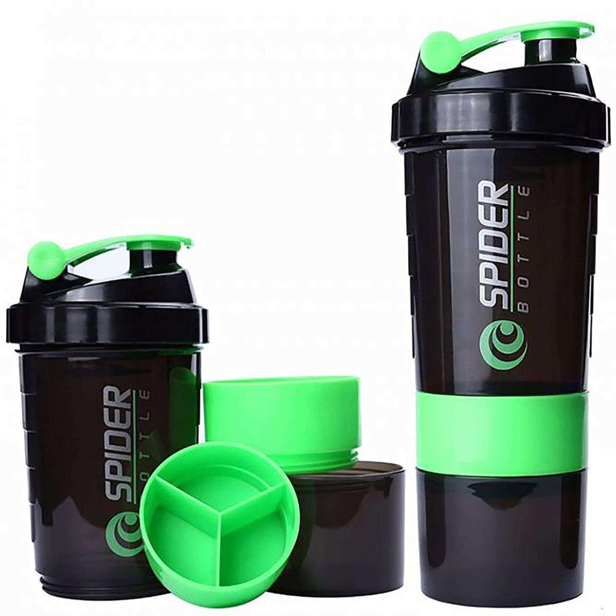 3-in-1 Spider Protein Shaker Bottle Sports Gym Water Bottle Multi-Purpose Shaker with Extra Supplement and Pill Capsule Storage BPA Free Plastic Easy Grip Leak Proof-500ml